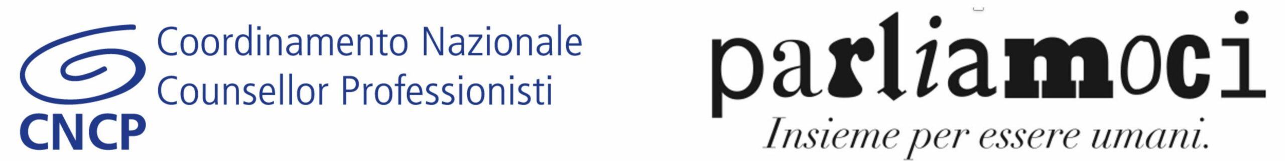 Banner orizzontale con sfondo chiaro che mostra due loghi affiancati.<br />
A sinistra il logo blu del CNCP – Coordinamento Nazionale Counsellor Professionisti: una spirale stilizzata sopra la sigla “CNCP” e il nome completo dell’organizzazione scritto in blu.<br />
A destra il logo nero di “parliamoci”, scritto in caratteri eleganti e minuscoli, con il payoff in corsivo: “Insieme per essere umani.”